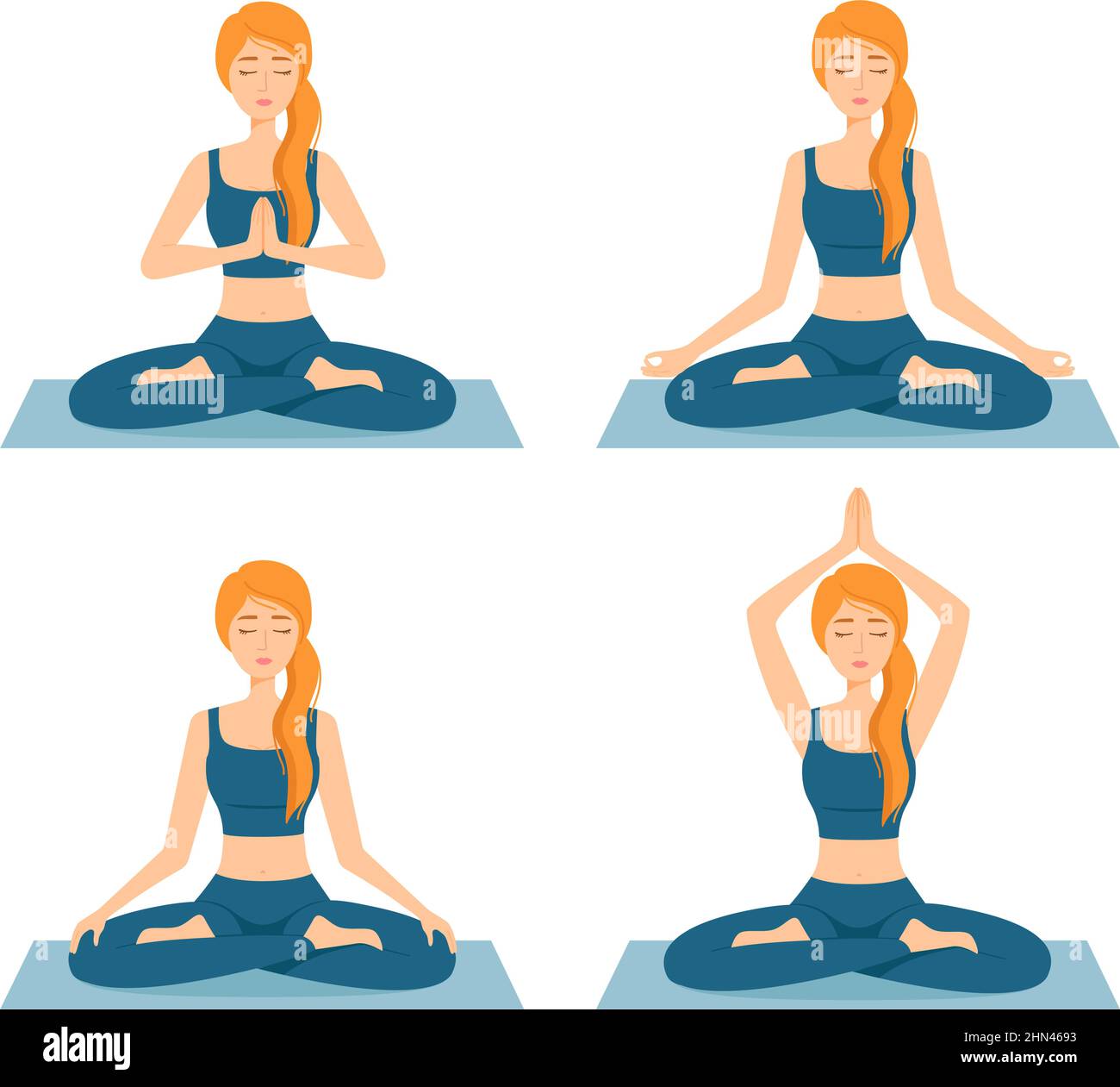 Set of meditating women. Girls in lotus position practicing yoga, vector illustration Stock Vector