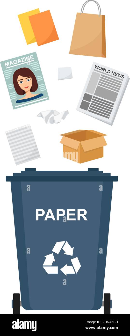 Garbage bin with paper waste, recycling garbage, vector illustration Stock Vector