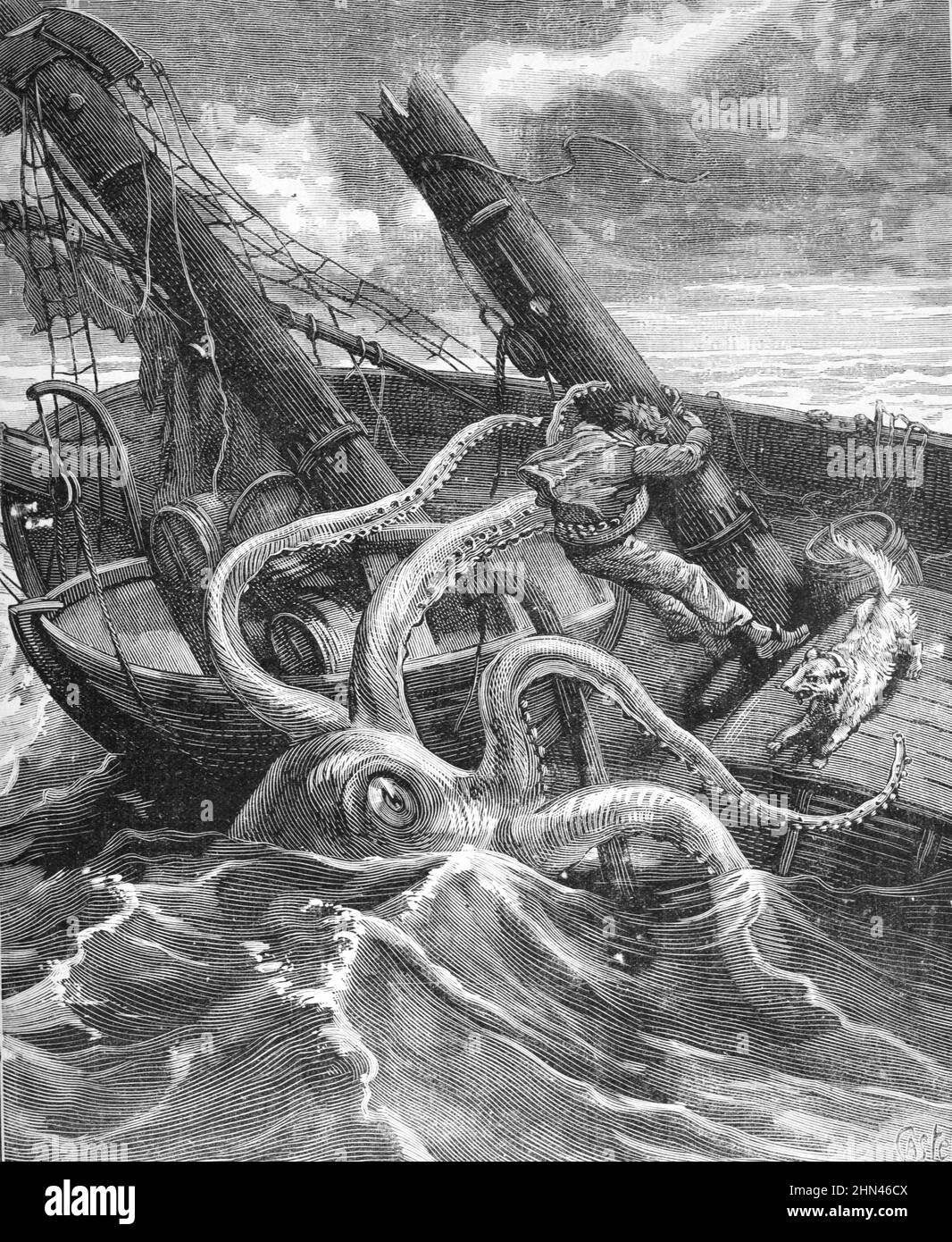 Giant Squid or Octopus Attacking Sailing Boat in the Atlantic Ocean. Vintage Illustration or Engraving 1881 (Castelli) Stock Photo
