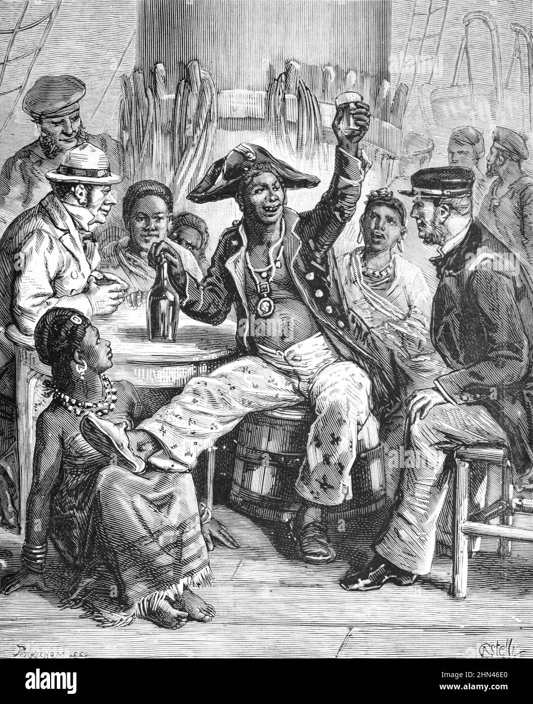 Sakalava Malagasy Chief on Board the French Ship Fortuné off Coast of Madagascar. Vintage Illustration or Engraving 1881 (Castelli) Stock Photo