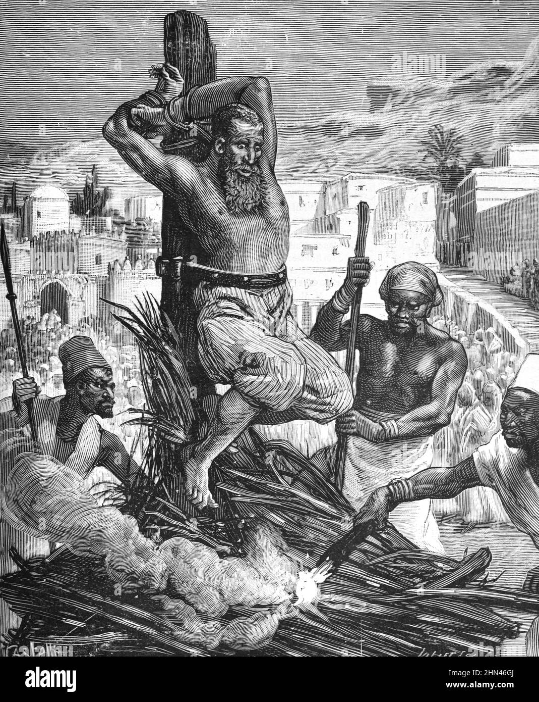 Jew or Jewish Man Being Burnt at the Stake for Killing a Muslim in Morocco. Vintage Illustration or Engraving 1881 (Castelli-Joliet) Stock Photo