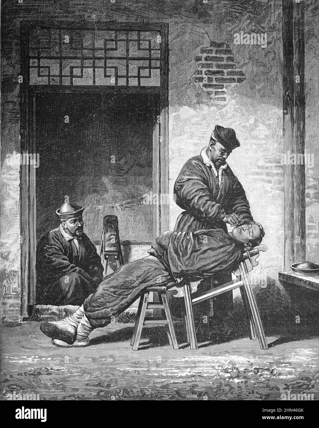 Barber, Barbershop or Barbers Shop with Makeshift Wooden Barber's Chair in Street in Indochina or Vietnam. Vintage Illustration or Engraving 1881 Stock Photo