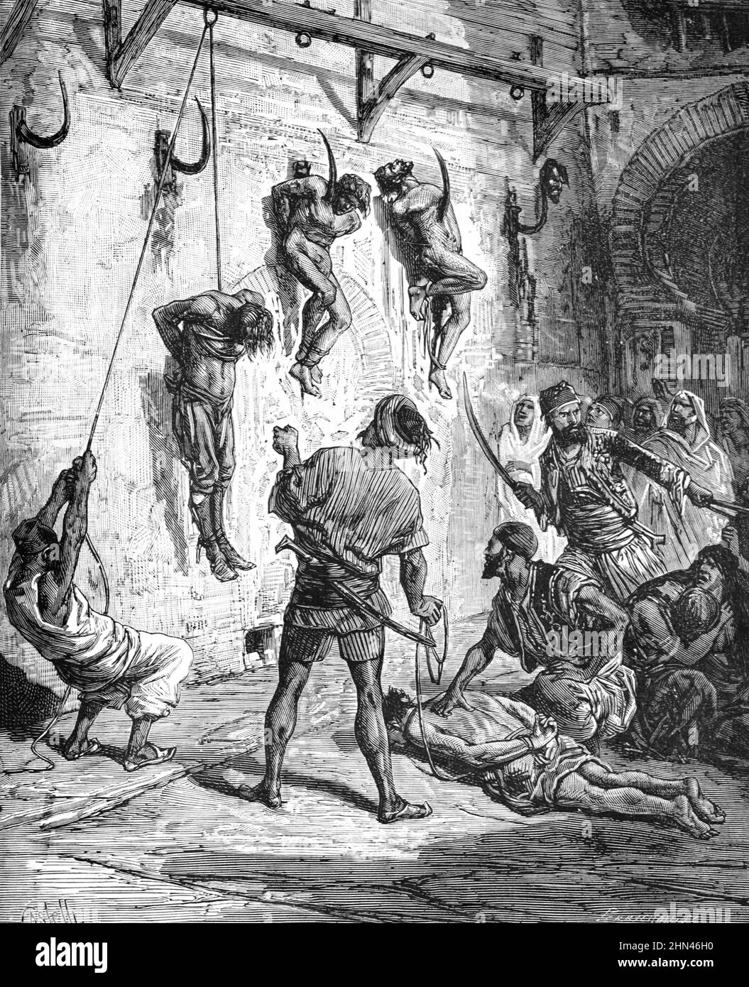 Criminals are Impaled and Hanged from Town Walls of Tunis. Punishment & Torture in Tunisia. Vintage Illustration or Engraving 1881 (Castelli) Stock Photo