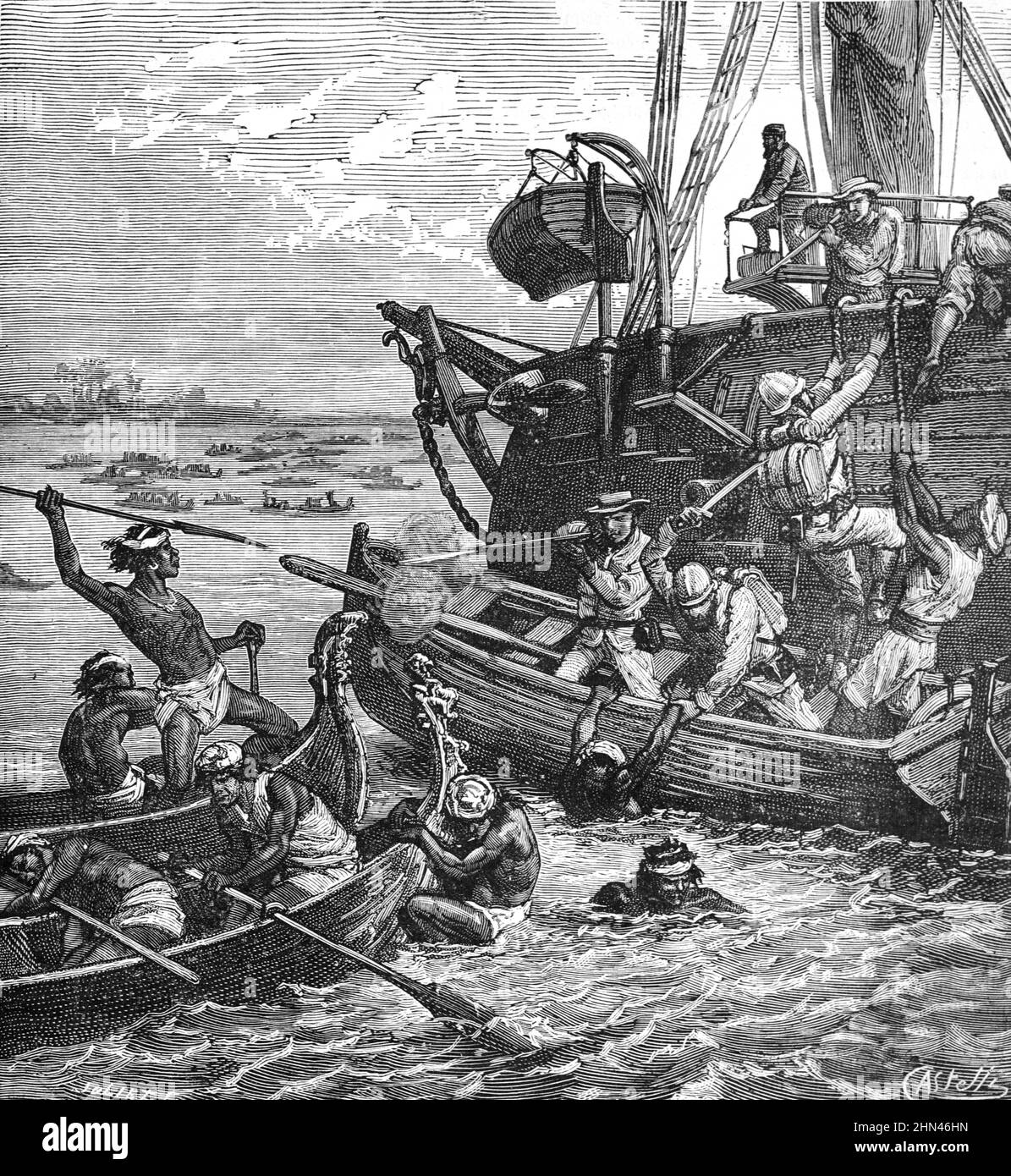 Concordia Dutch Ship (1696-1708) Attacked by Pirates off the Coast of Java Indonesia. Vintage Illustration or Engraving 1882 (Joliet-Castelli) Stock Photo