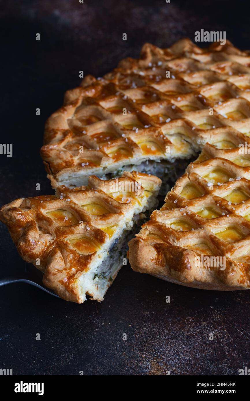 English meat pie. Pork pie. Traditional British pie. Freshly baked