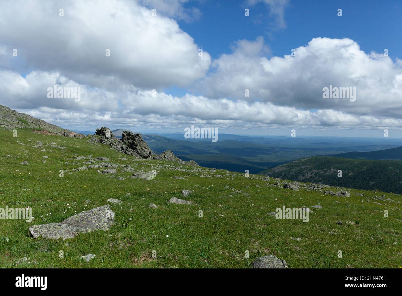 Summit of Konzhakovskiy Kamen on a bright summer day, Northern Urals, Sverdlovsk Oblast, Russia Stock Photo
