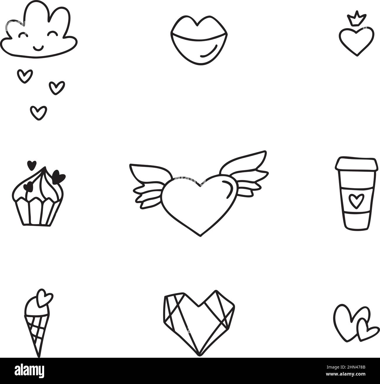Set of different dooddle elements for wedding, Valentines Day and Kiss day design icon. Hand drawn monoline art cartoon vector illustration. Romantic Stock Vector