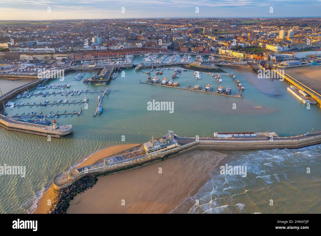 Ramsgate Harbour Sailing Boats Motorboats UK Seaside Kent Countryside By The Beach Fishing Boats Drone Image English Channel Coastal Town Marina Stock Photo