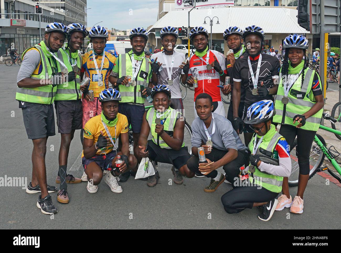 Windhoek, Namibia. 13th Feb, 2022. Cyclists pose after the cycling road