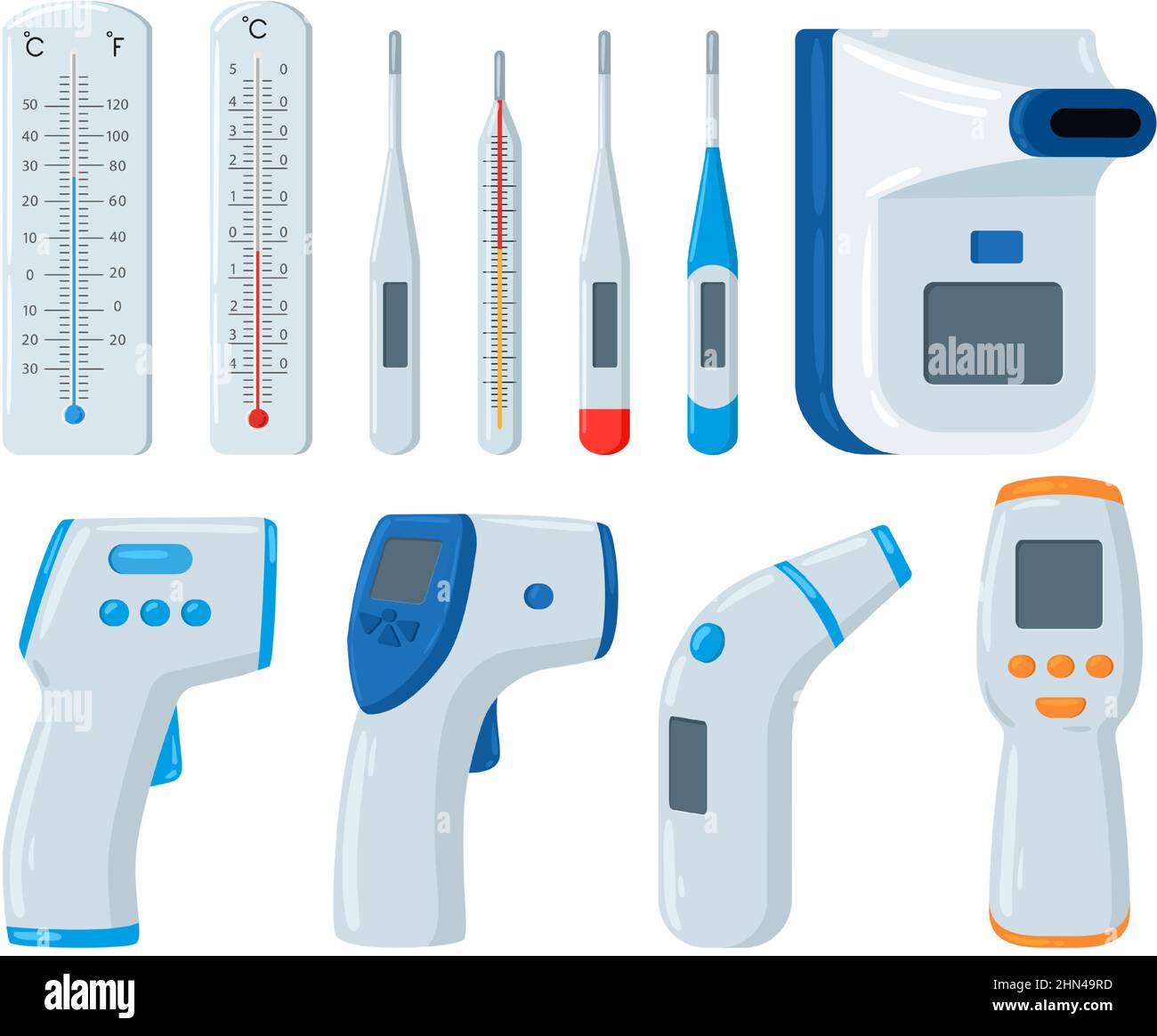 Cartoon thermometers, medical measuring temperature thermometer. Medical mercury and electronic thermometers vector illustration set. Heat measuring Stock Vector