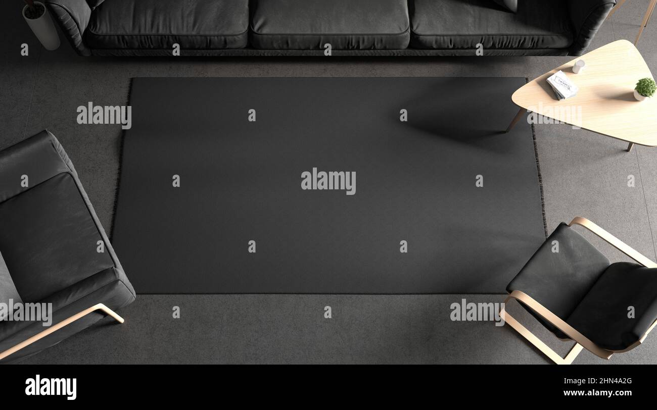 Blank black rectangular interior carpet in room mockup, top view Stock Photo