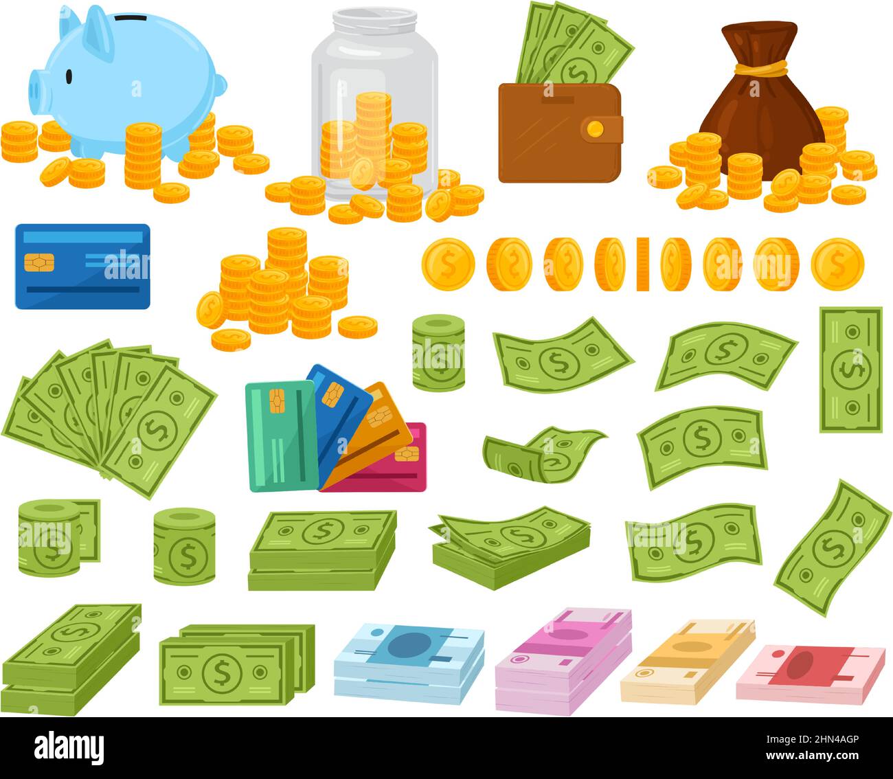 Cartoon money, dollar bills, coins and cash wad. Piggy bank and sack with coins full of money vector illustration set. Wallet with cash and credit Stock Vector