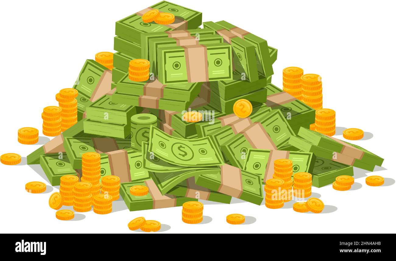 Cartoon money cash pile, dollar bill stack. Pile of green bills, stacks of  banknotes vector illustration. Huge pile of golden coins and cash Stock  Vector Image & Art - Alamy