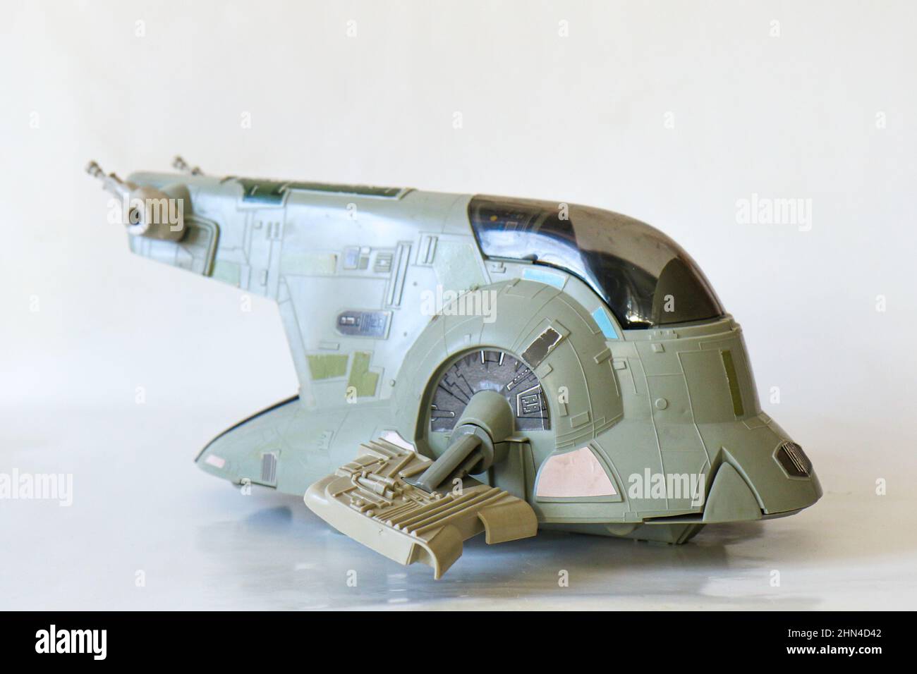 BERLIN - FEBRUARY 12, 2022: Vintage Star Wars Toy SLAVE I, Boba Fett's Spaceship vehicle from Kenner. It was released in 1981 with THE EMPIRE STRIKES Stock Photo