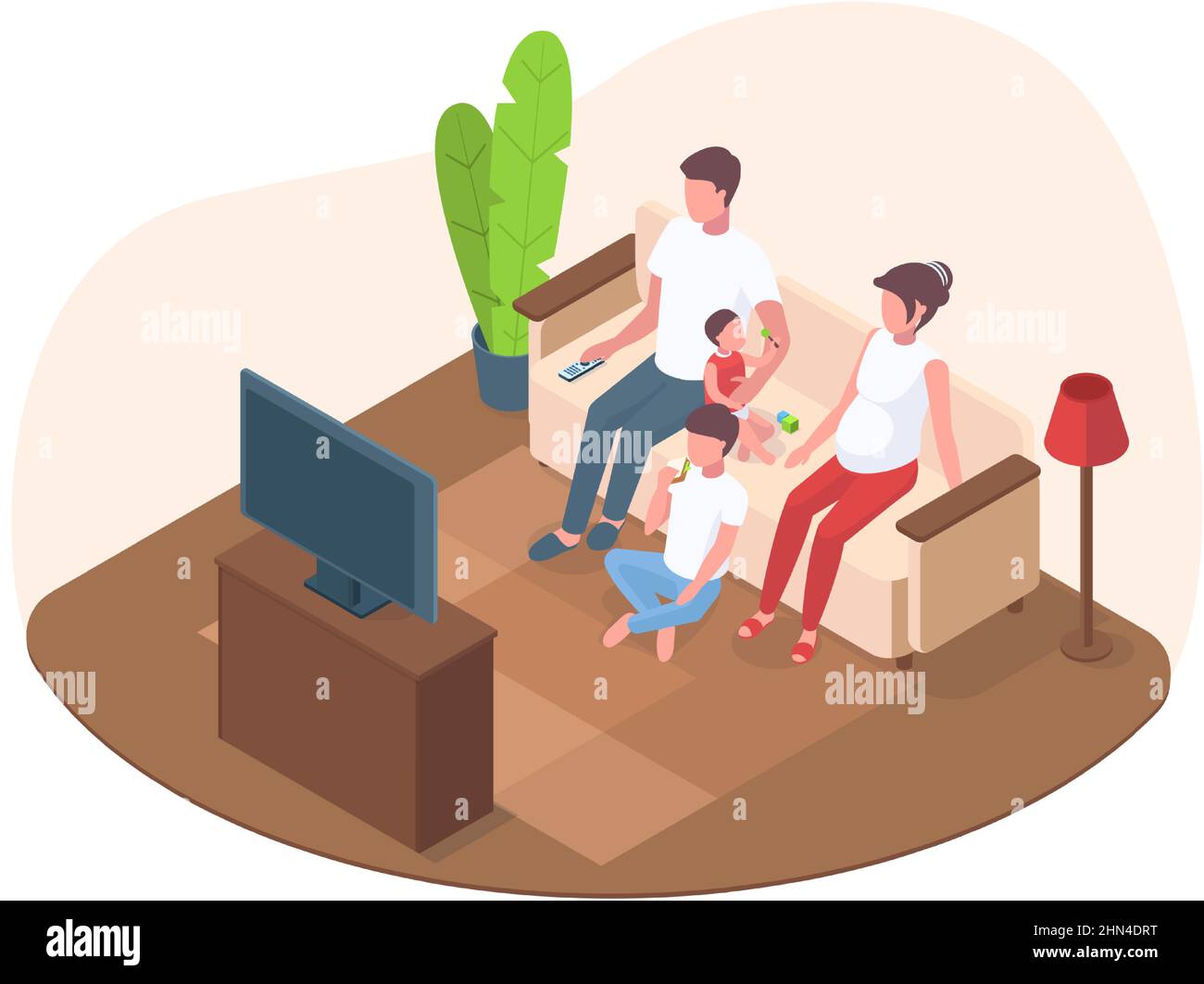 Isometric family with kid watch tv in living room. Parenthood mother and father with kids watching television vector illustration. Adults with Stock Vector