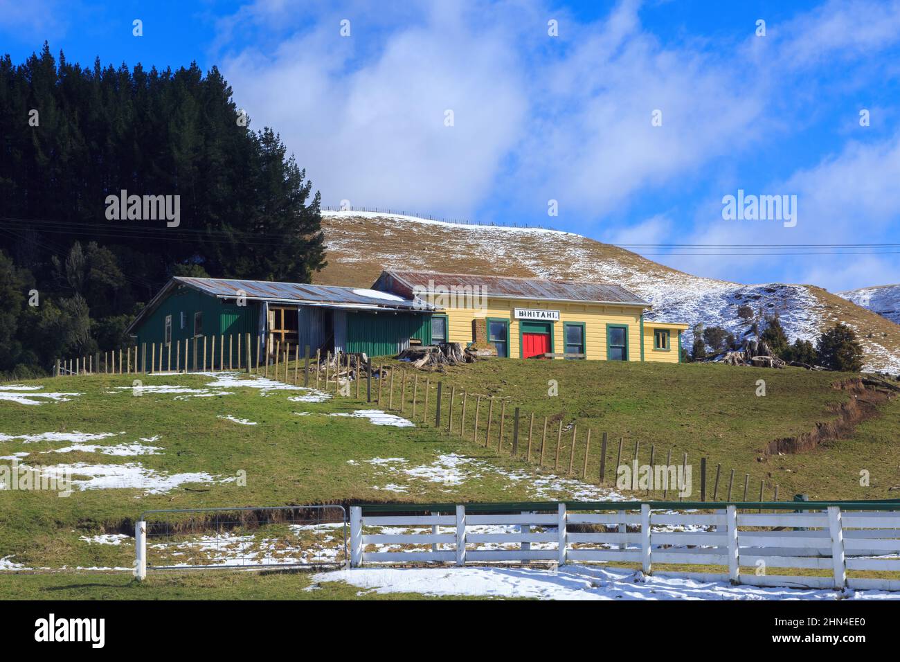 The old Hihitahi Railway Station, New Zealand, on a snowy winter's day Stock Photo
