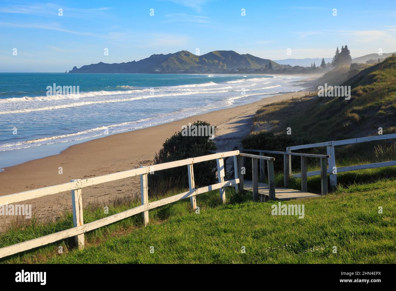 Wainui Beach on the outskirts of Gisborne, New Zealand. Steps lead down