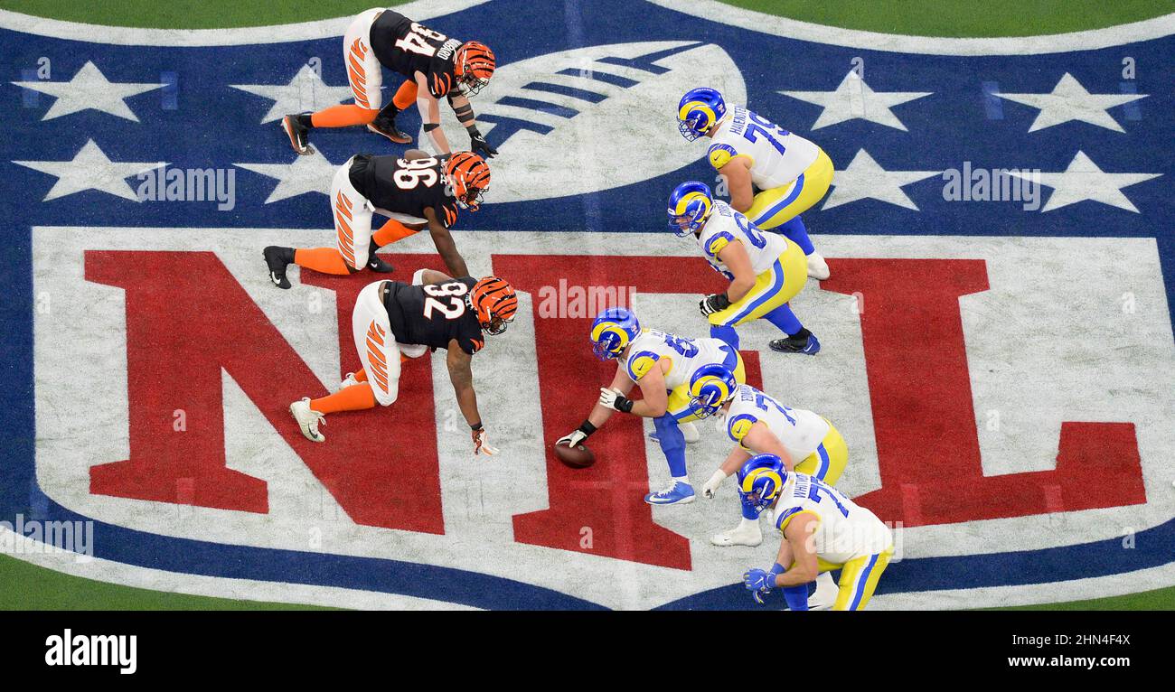Los Angeles, USA. 14th Feb, 2022. Players compete during the NFL Super Bowl LVI match between Cincinnati Bengals and Los Angeles Rams at SoFi Stadium in Los Angeles, the United States, Feb. 13, 2022. Credit: Xinhua/Alamy Live News Stock Photo