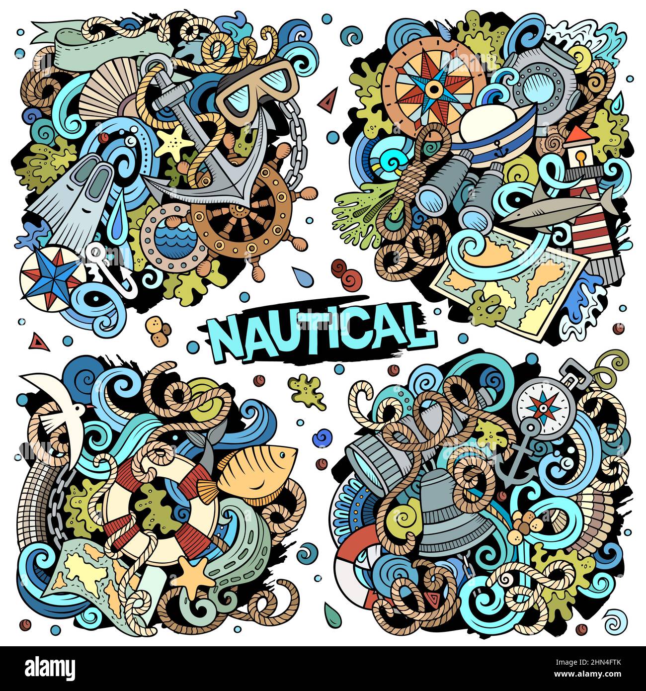 Nautical cartoon vector doodle designs set. Stock Vector
