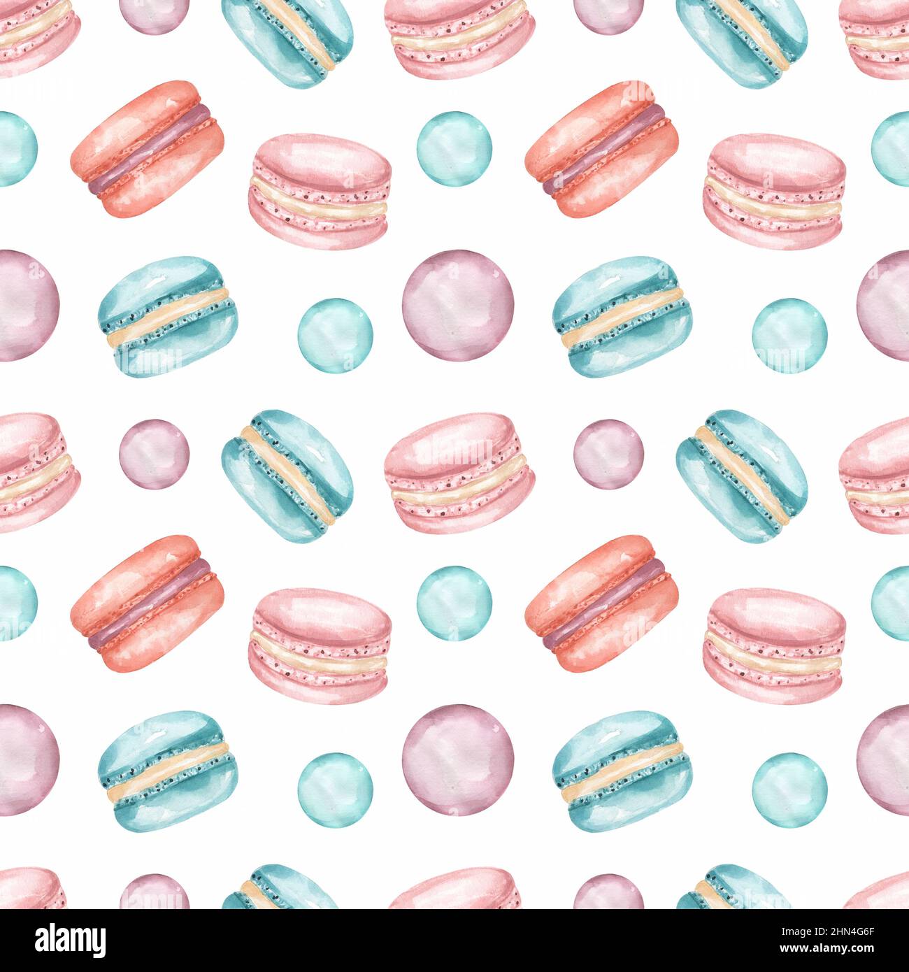 Watercolor Yummy Sweets repeat Paper, Macaron scrapbook paper , sweets wrapping paper, Hand drawn Bakery seamless pattern, food print for fabric, endl Stock Photo