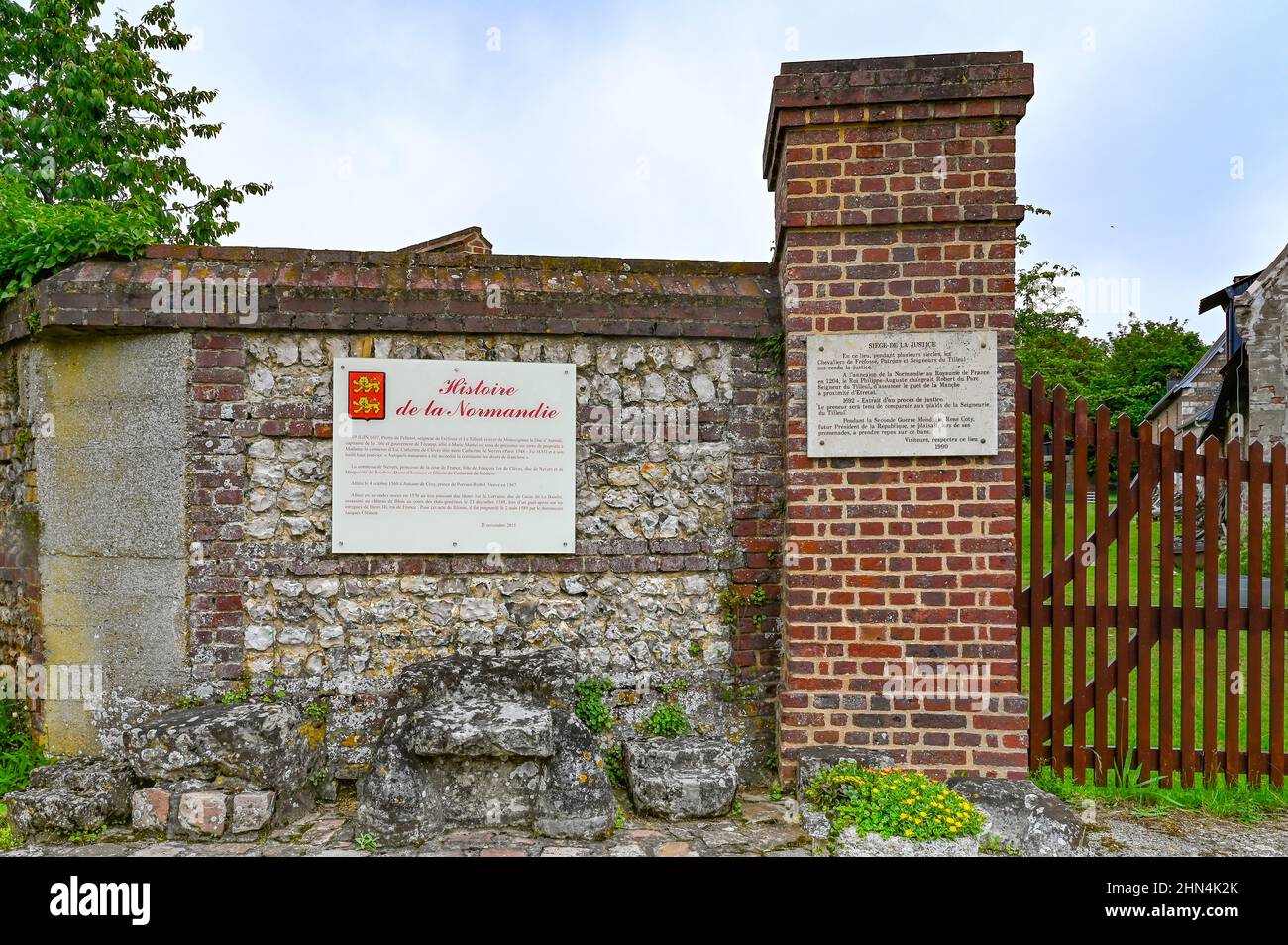 One of the rare remaining examples of a Norman 'banc de justice' (bank of justice) is preserved at Le Tilleull, Normandy, France Stock Photo