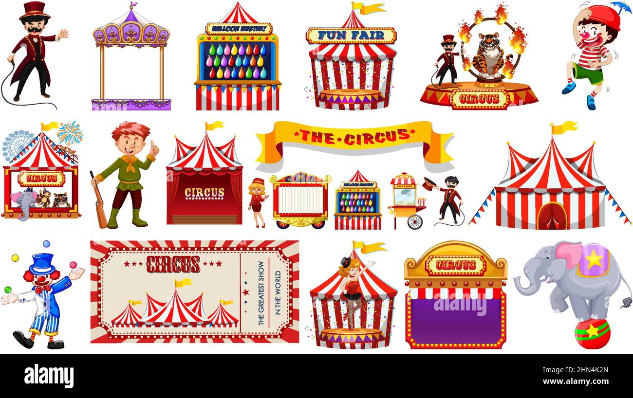 set-of-circus-characters-and-amusement-park-elements-illustration-stock