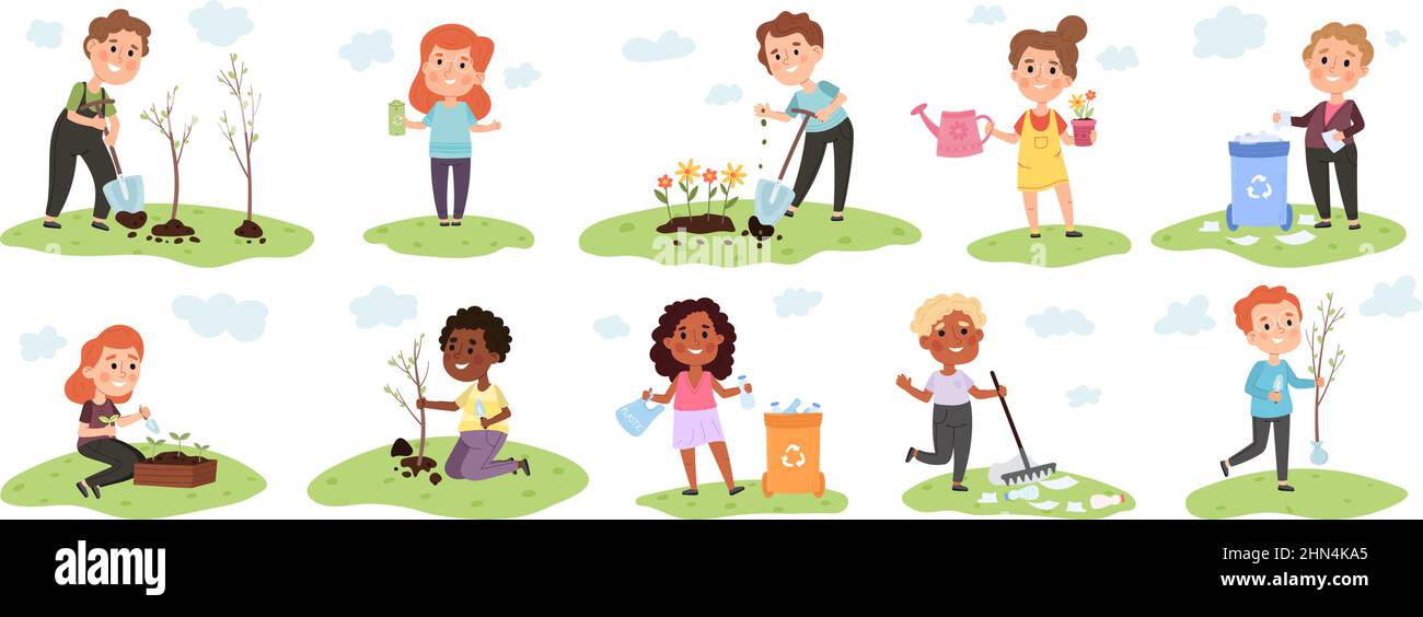 Kids sorting garbage and planting trees, environment protection scenes. Children take care of environment vector illustration set. Girls and boys Stock Vector
