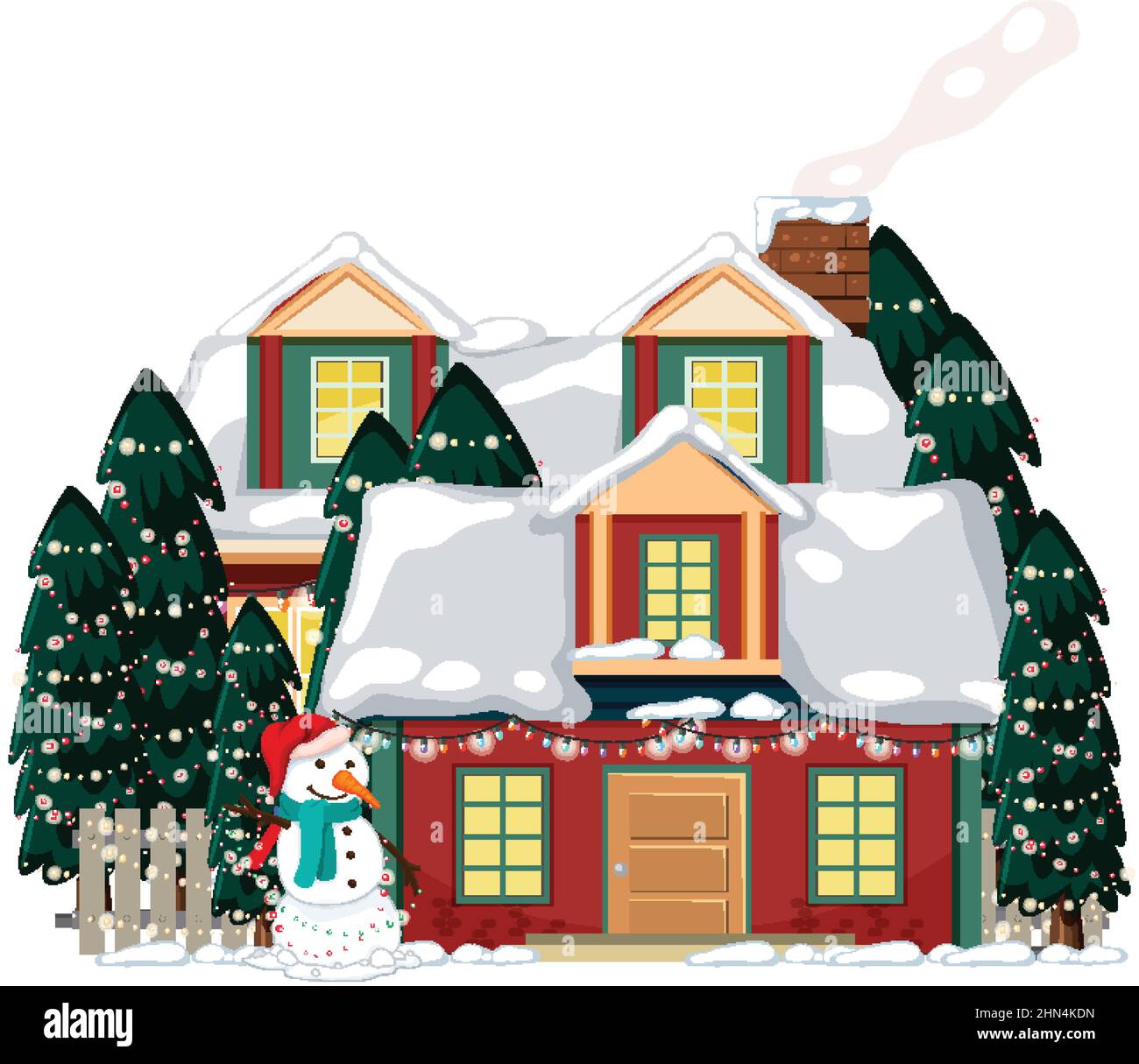 Snow covered house with a snowman and trees illustration Stock Vector ...