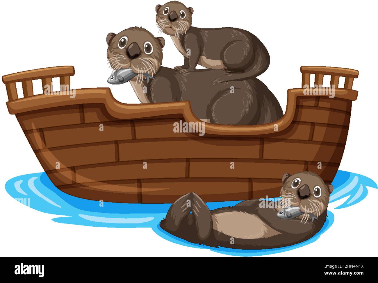 Otters on wooden boat in cartoon style illustration Stock Vector
