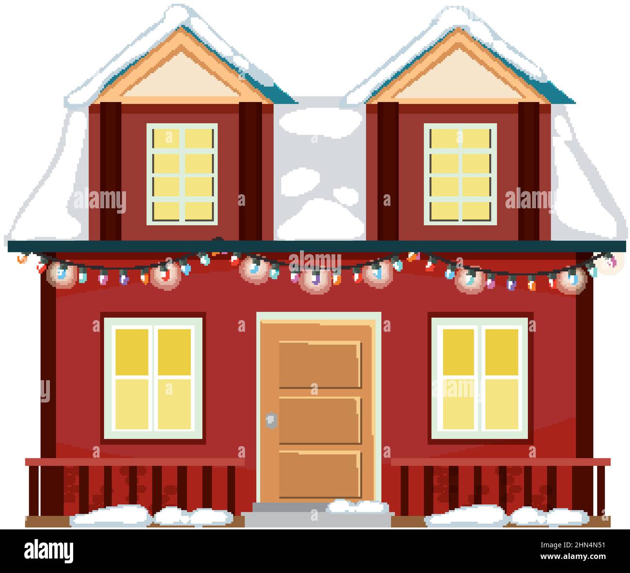Snow covered house with Christmas light string illustration Stock ...