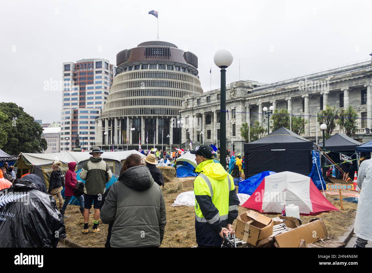 Wellington, New Zealand. February 13, 2022: Protestors at Parliament gathered in large numbers demanding that Covid mandates be dropped. Stock Photo
