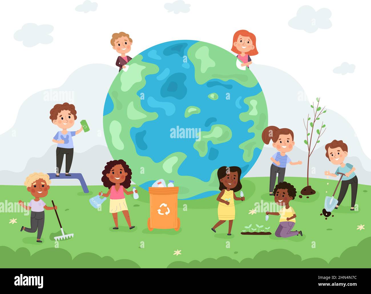 Kids take care of earth, day, environment protection kindergarten activity. Children help to protect the world vector illustration set. Kids saving Stock Vector