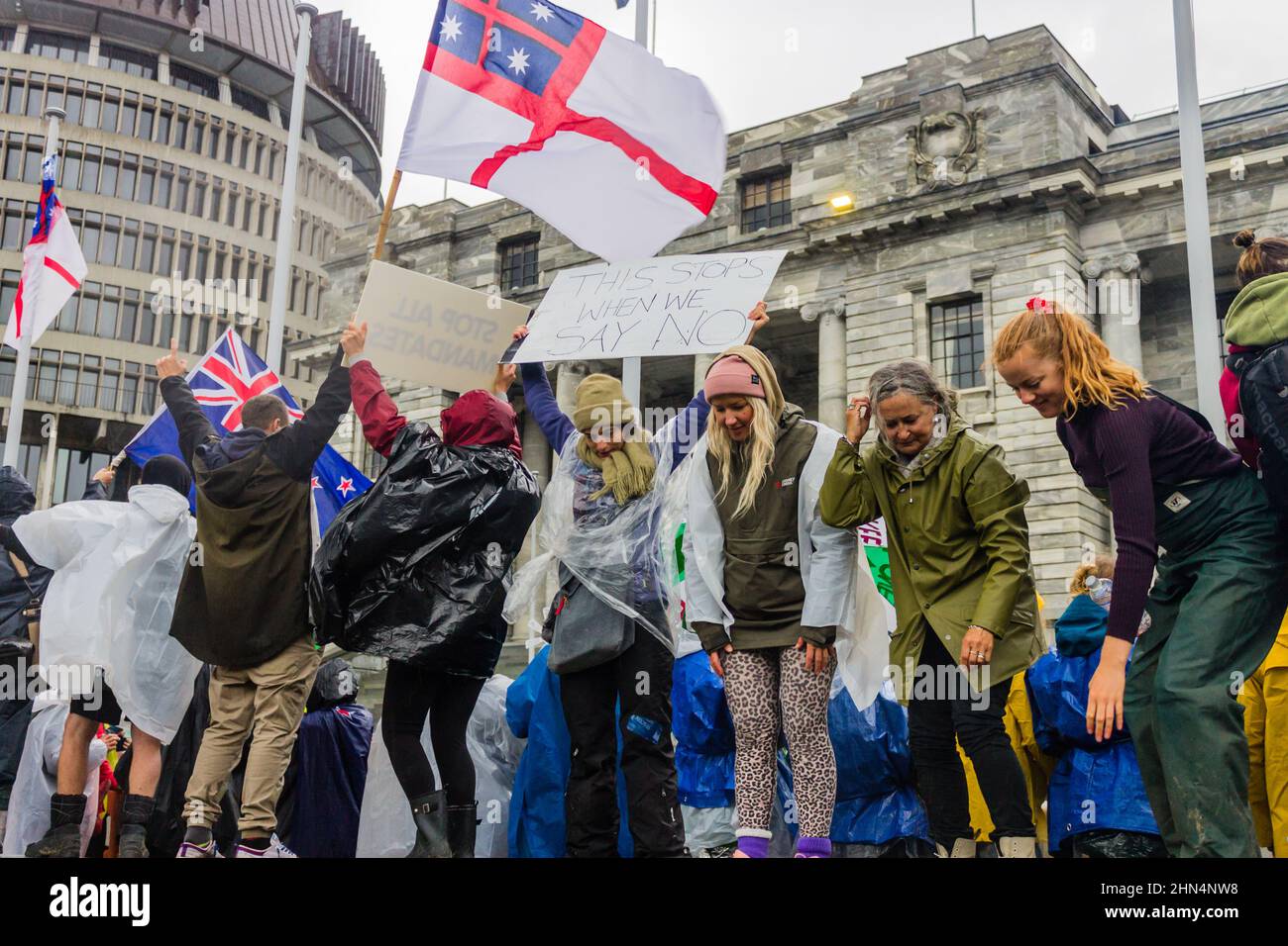 Wellington, New Zealand. February 13, 2022: Protestors at Parliament gathered in large numbers demanding that Covid mandates be dropped. Stock Photo