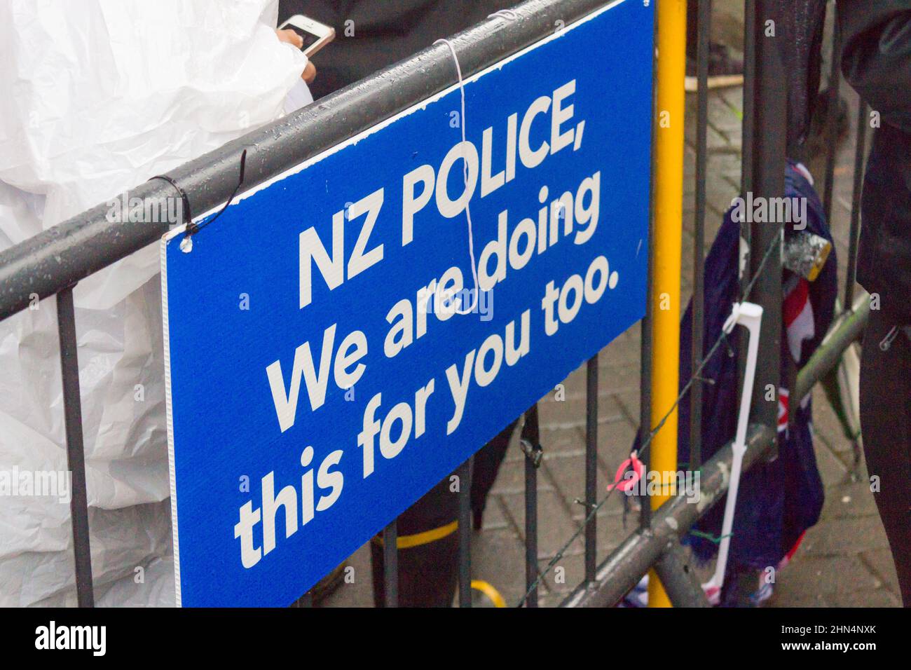 Wellington, New Zealand. February 13, 2022:  A message to the Police from the Protesters attached to the barricades between the people and the Beehive Stock Photo