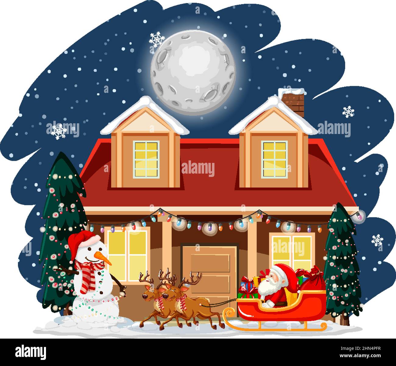 Santa Claus on sleigh in front of house at night scene illustration Stock Vector