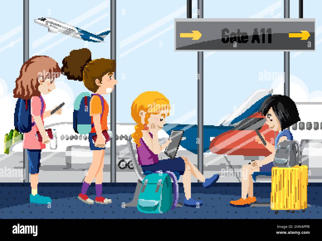 Passengers waiting at a departure gate scene illustration Stock Vector ...