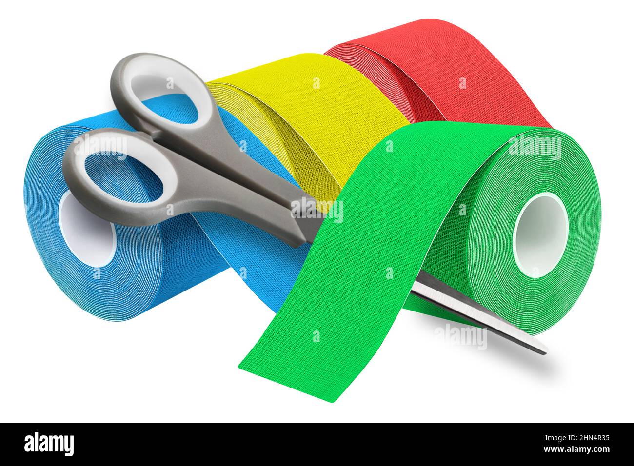 https://c8.alamy.com/comp/2HN4R35/various-kinesiology-tapes-and-scissors-isolated-against-white-background-closeup-2HN4R35.jpg