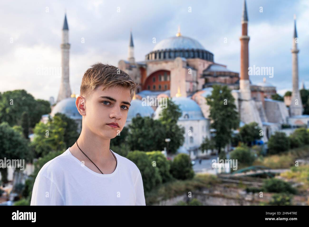 Guy Looks Skyscrapers Istanbul Boy Background Stock Photo