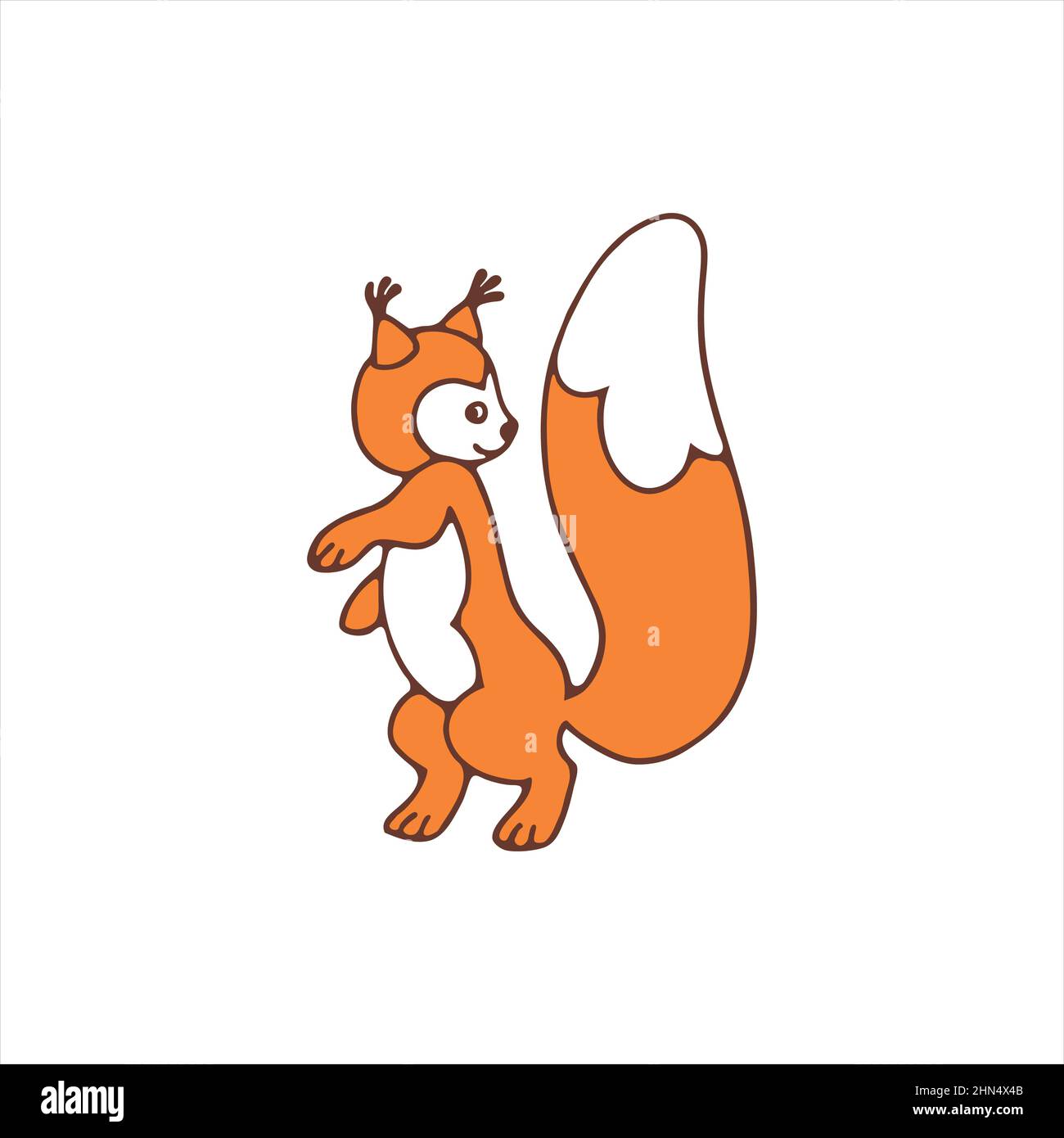 Squirrel in dancing pose with fluffy tail. Color vector flat style illustration of cute character, isolated on white background. Stock Vector