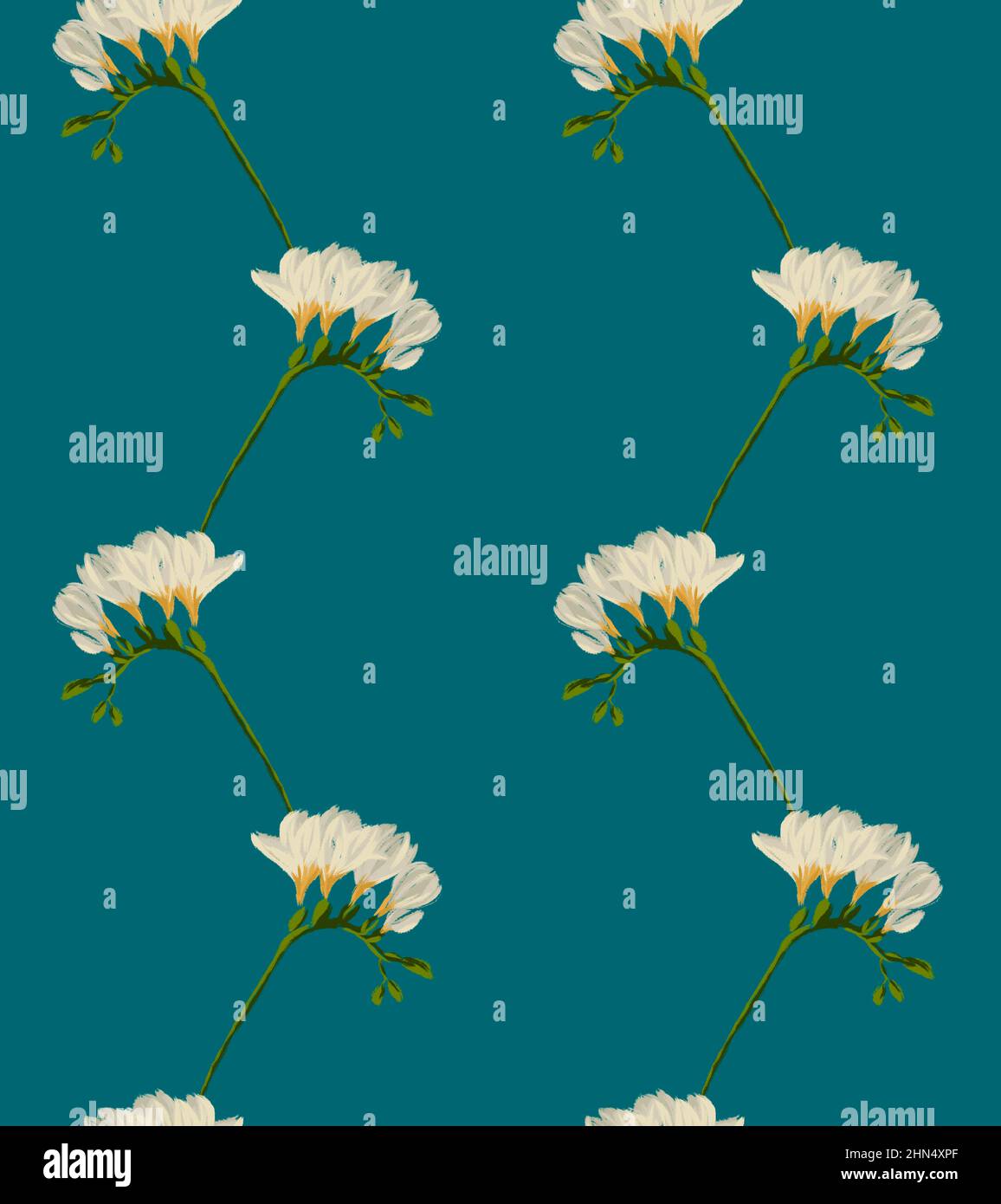 Freesia white blooming flower twig seamless pattern illustraion on blue background Stock Photo