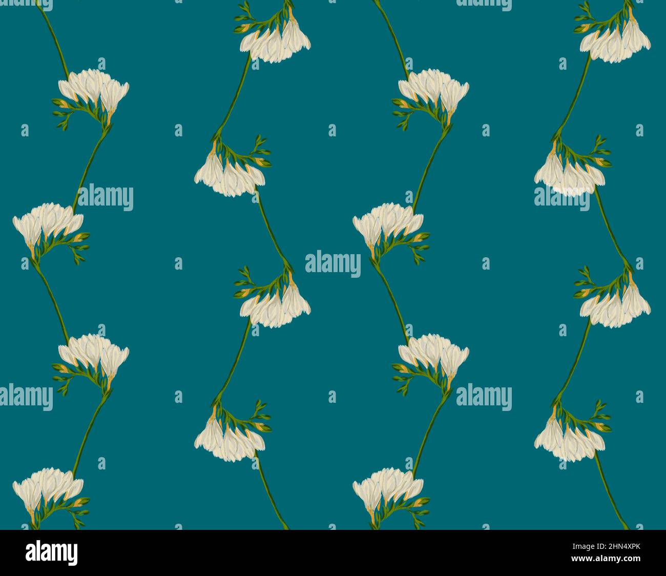 Freesia twig blooming with white flowers seamless pattern illustraion on blue background Stock Photo