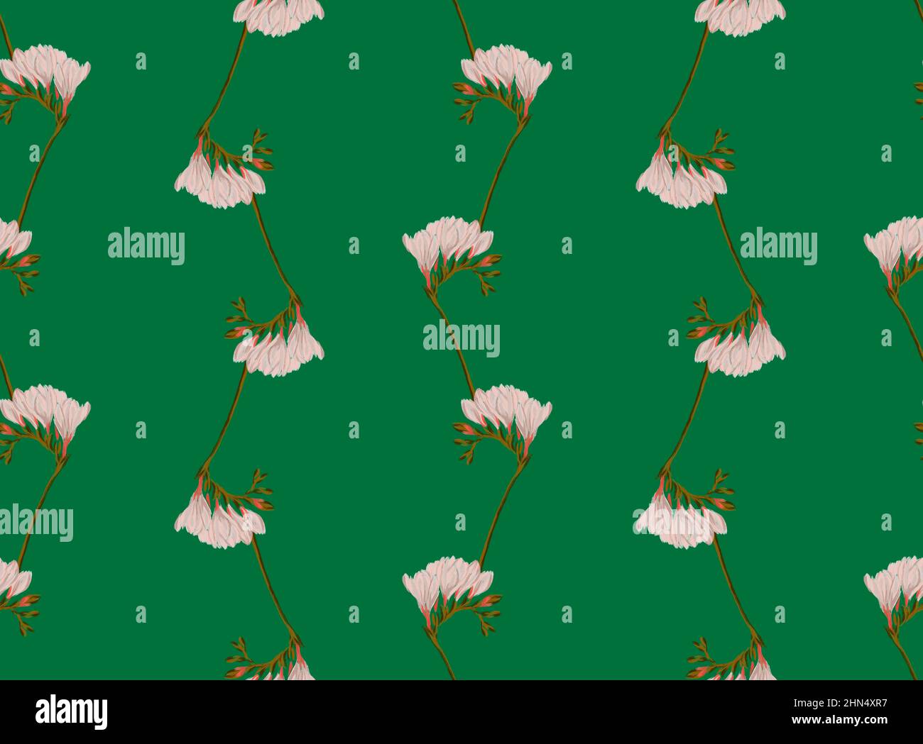 Freesia twig blooming with white flowers abstract seamless pattern illustraion on green background Stock Photo