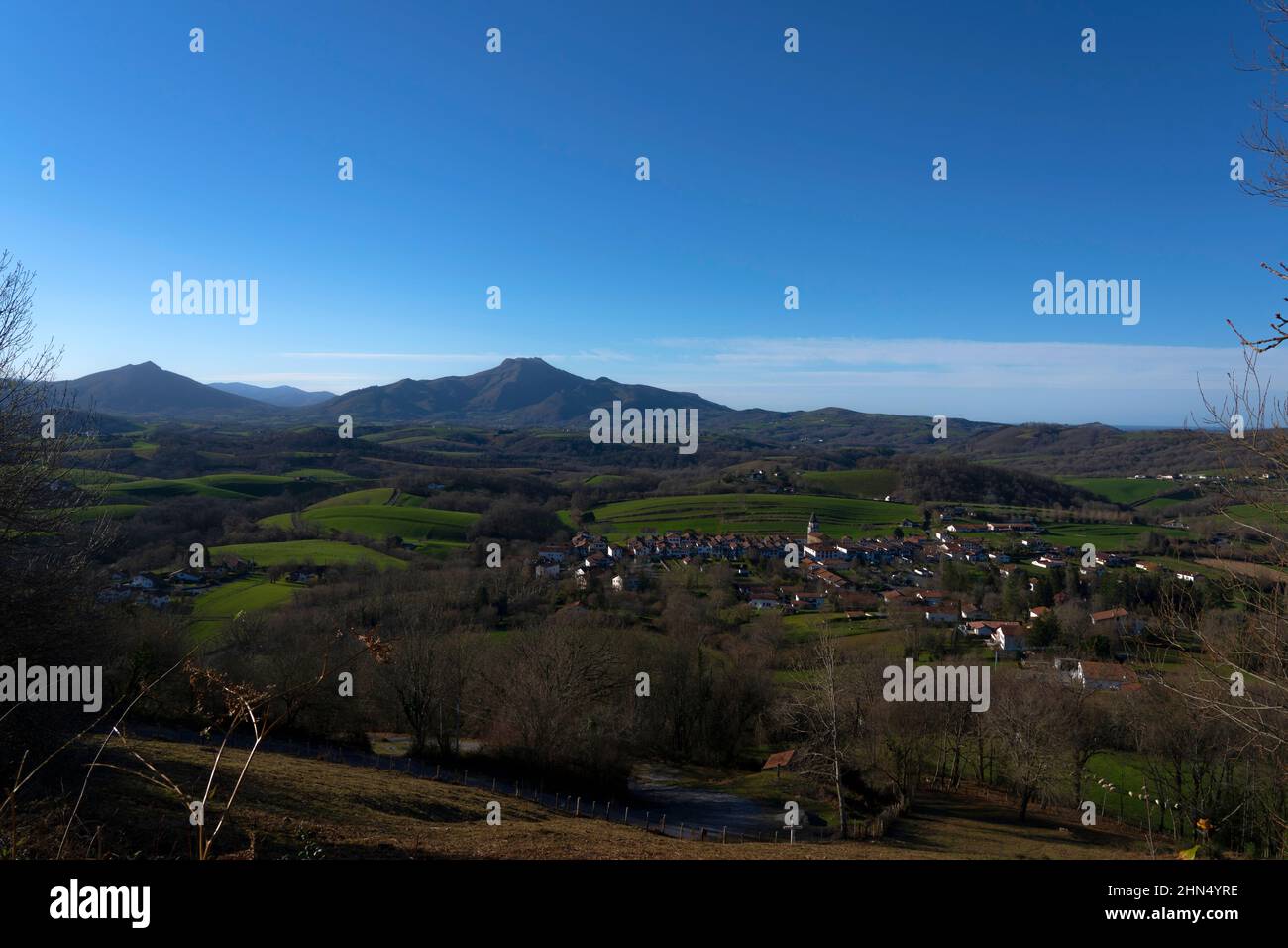 The town of Ainhoa with the mountain La Rhune, Pays Basque, France Stock Photo