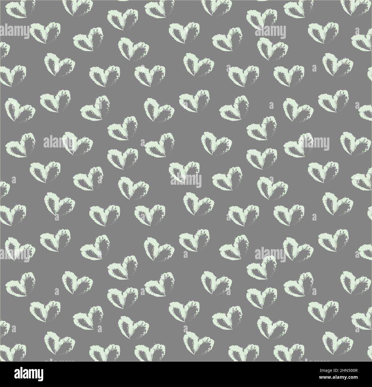 Seamless pattern of hand drawn simple hearts in pastel green color on gray background Stock Photo
