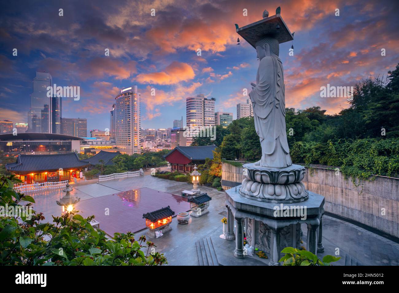 Seoul, South Korea. Cityscape image of Seoul, South Korea with the Seoul Bongeunsa Temple in the Gangnam District at sunset. Stock Photo