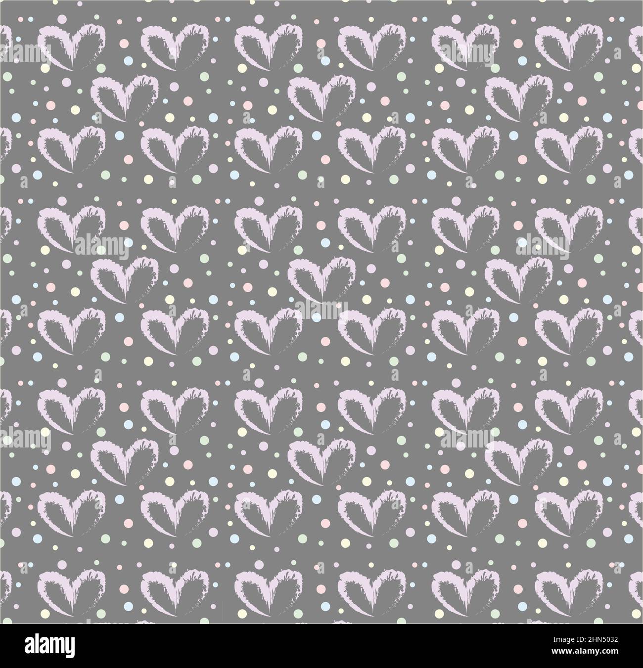 Seamless pattern of hand drawn simple hearts in purple on gray background with colored dots in pastel rainbow colors Stock Photo
