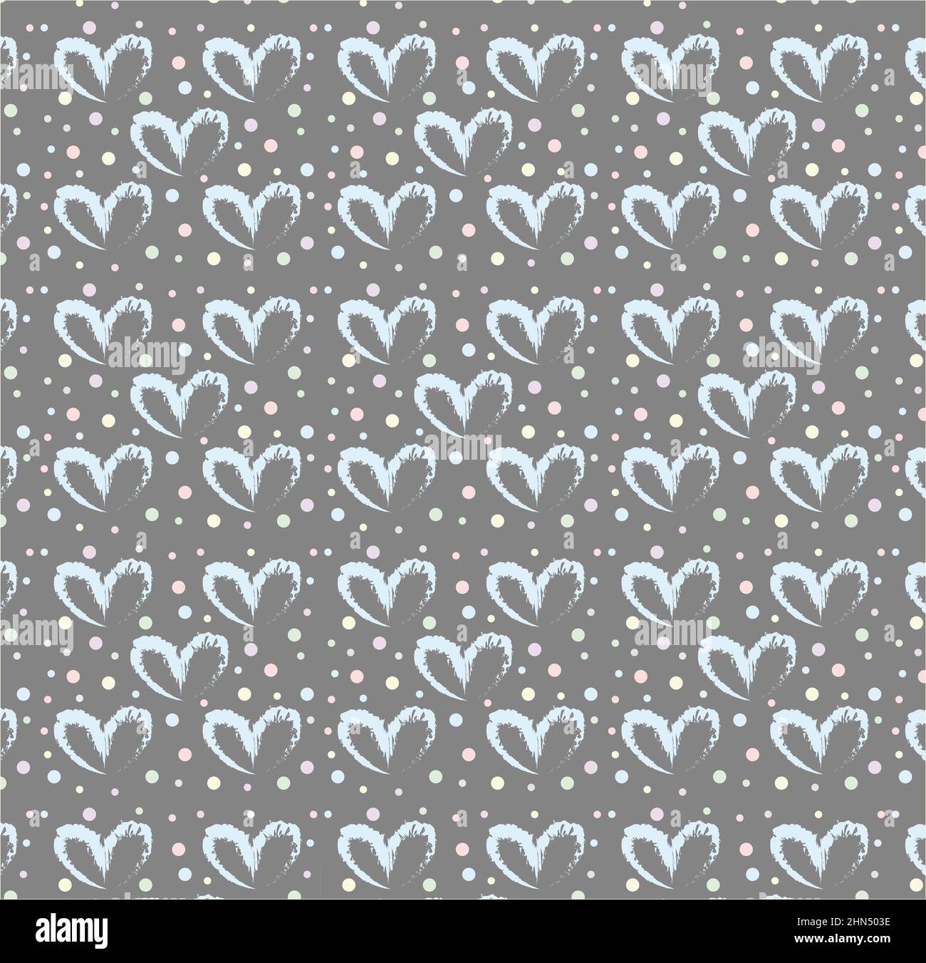 Seamless pattern of hand drawn simple hearts in blue on gray background with colored dots in pastel rainbow colors Stock Photo