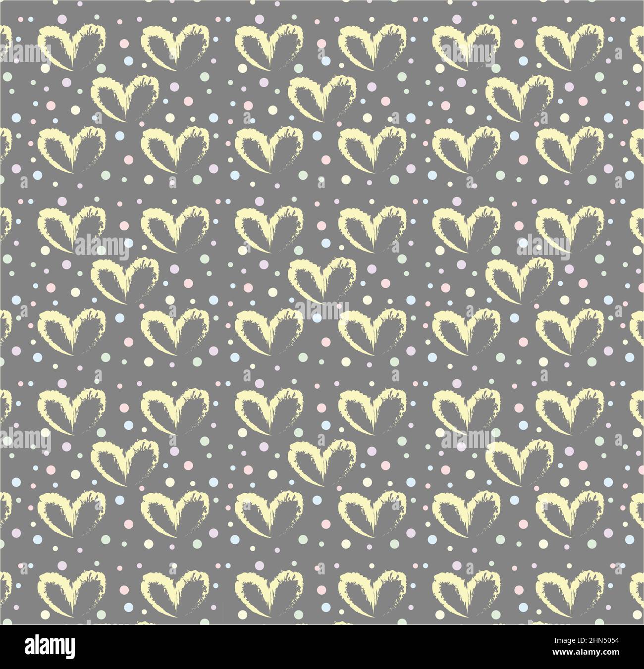 Seamless pattern of hand drawn simple hearts in yellow on gray background with colored dots in pastel rainbow colors Stock Photo