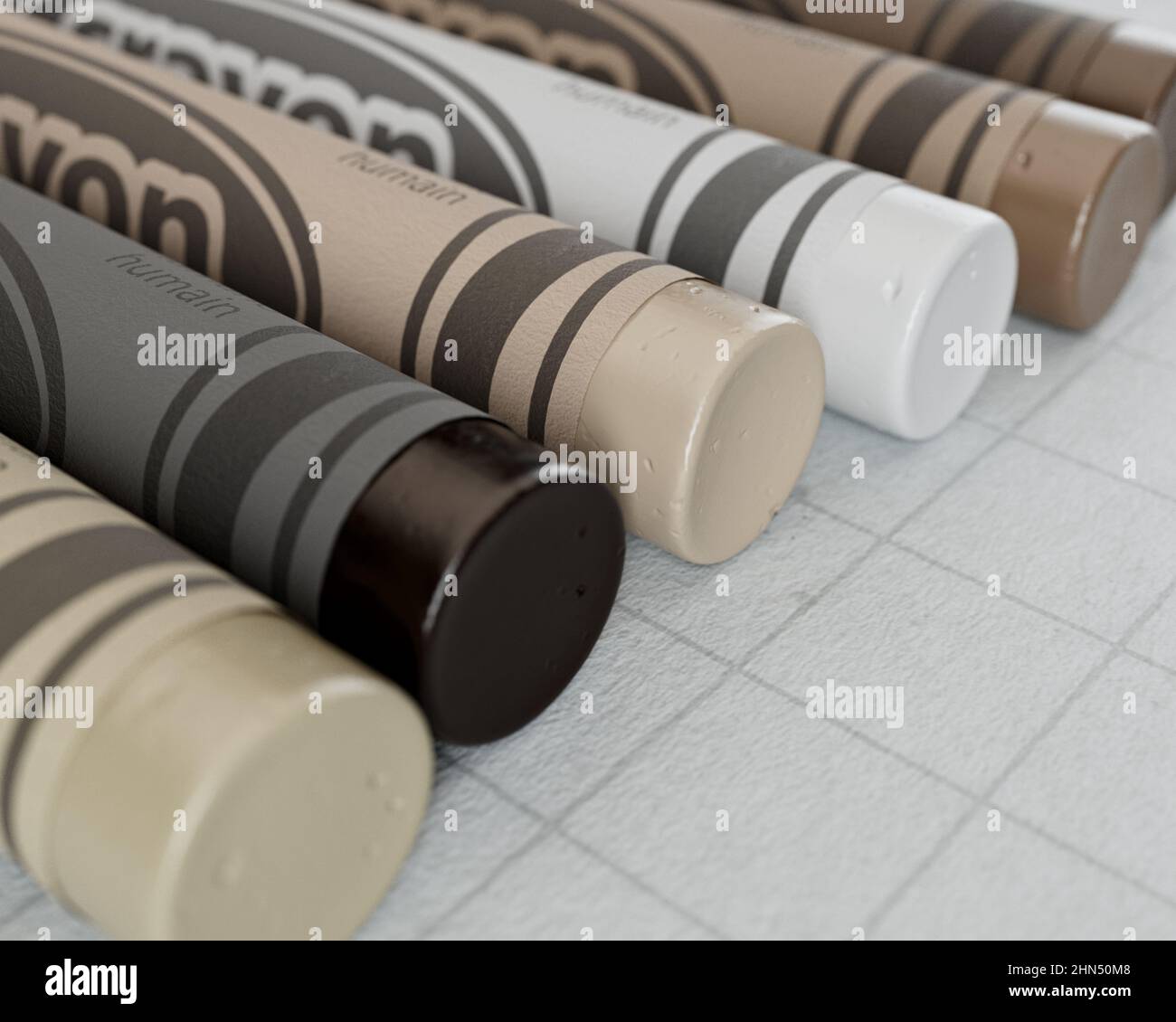 A concept showing childrens wax crayons in various color shades of skin tones yet all the same