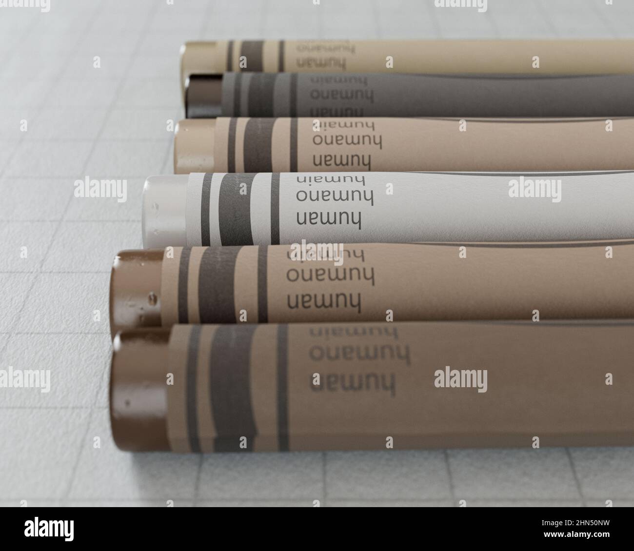 A concept showing childrens wax crayons in various color shades of skin tones yet all the same